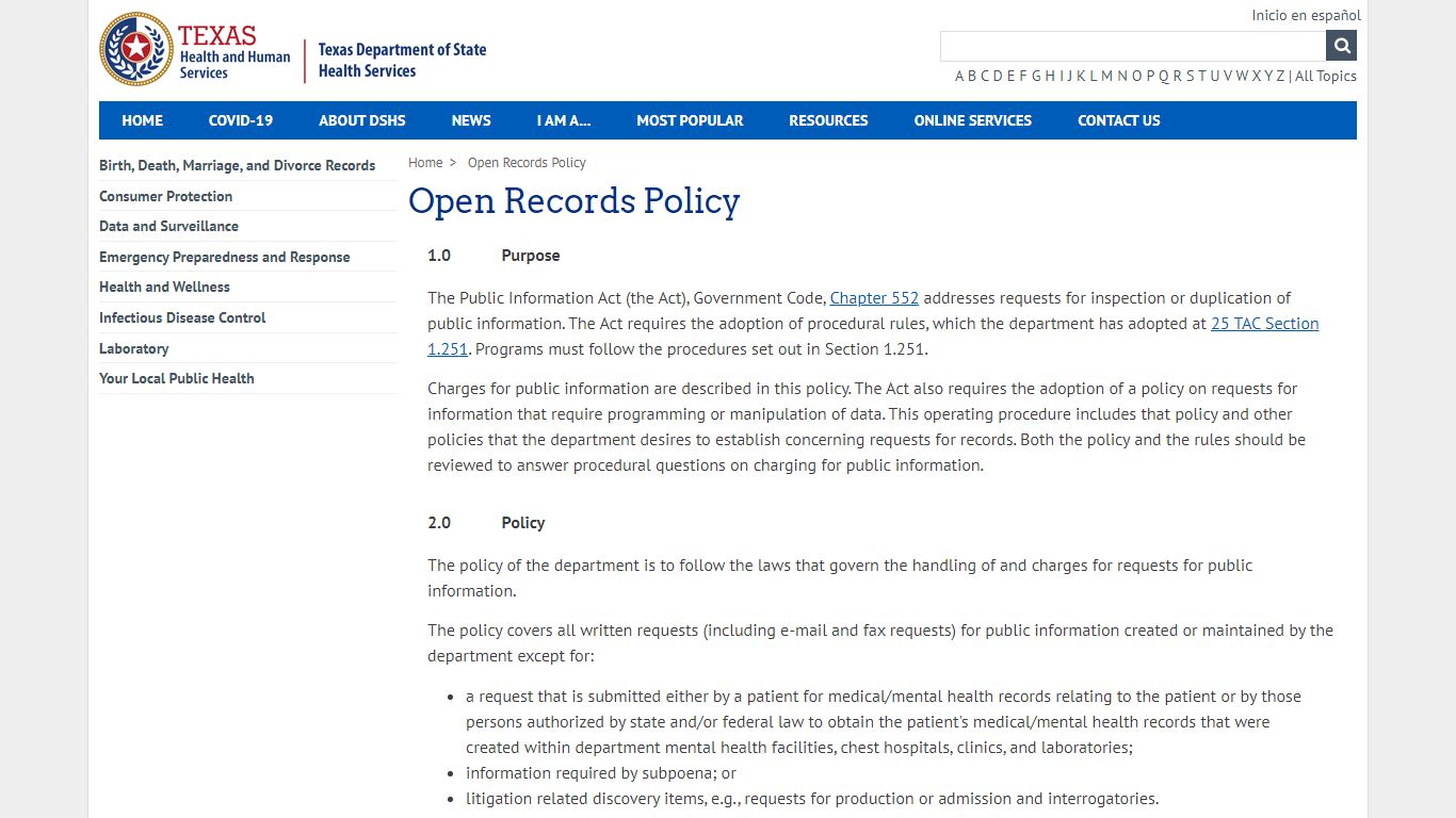 Texas Department of State Health Services, Open Records Policy